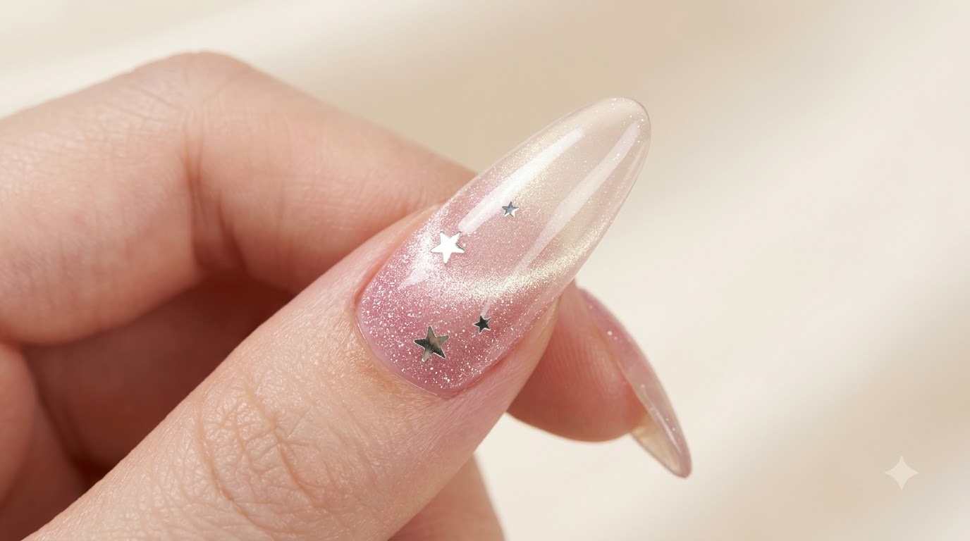 Uña larga en forma de almendra con base ojo de gato rosa, lentejuelas de estrellas plateadas y un acabado de alto brillo.
