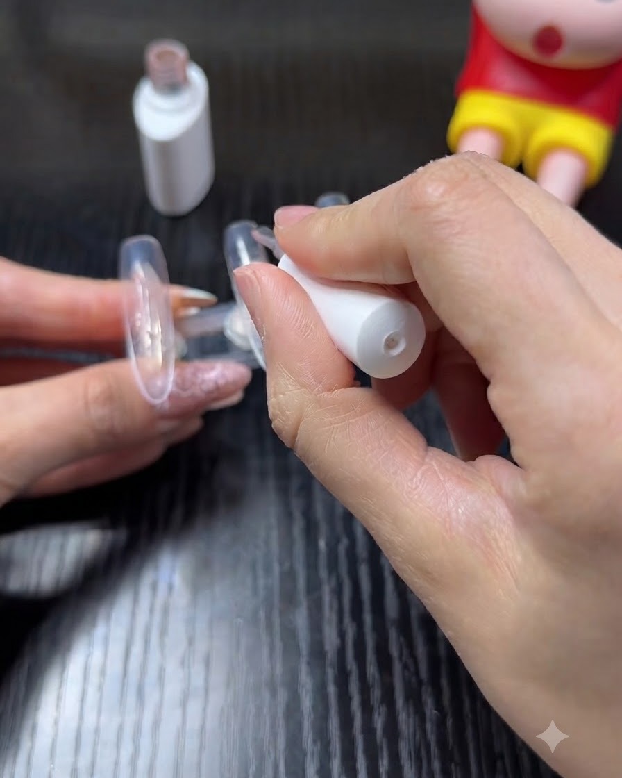Una mano usando un pincel de esmalte de uñas para aplicar un color base nude lechoso sobre una uña artificial transparente unida a un soporte.