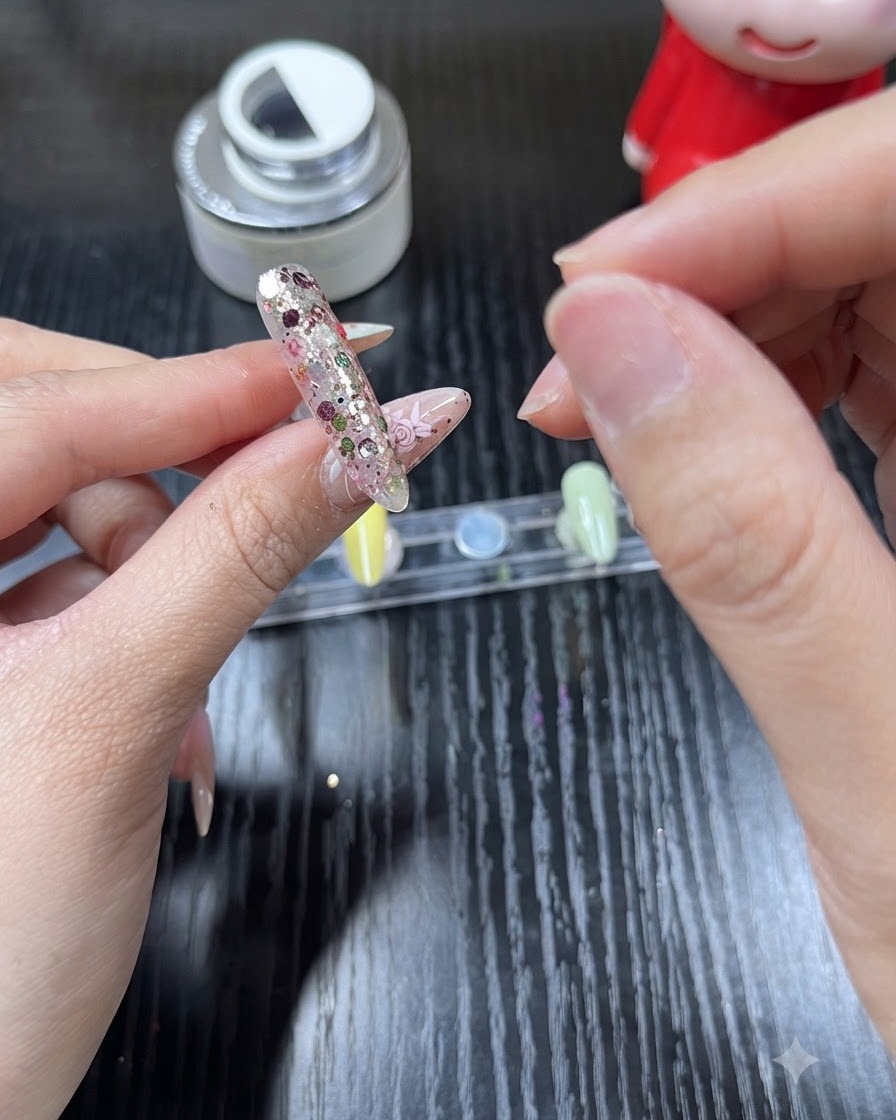 Un primer plano de una mano aplicando gel de refuerzo transparente sobre una uña llena de purpurina.