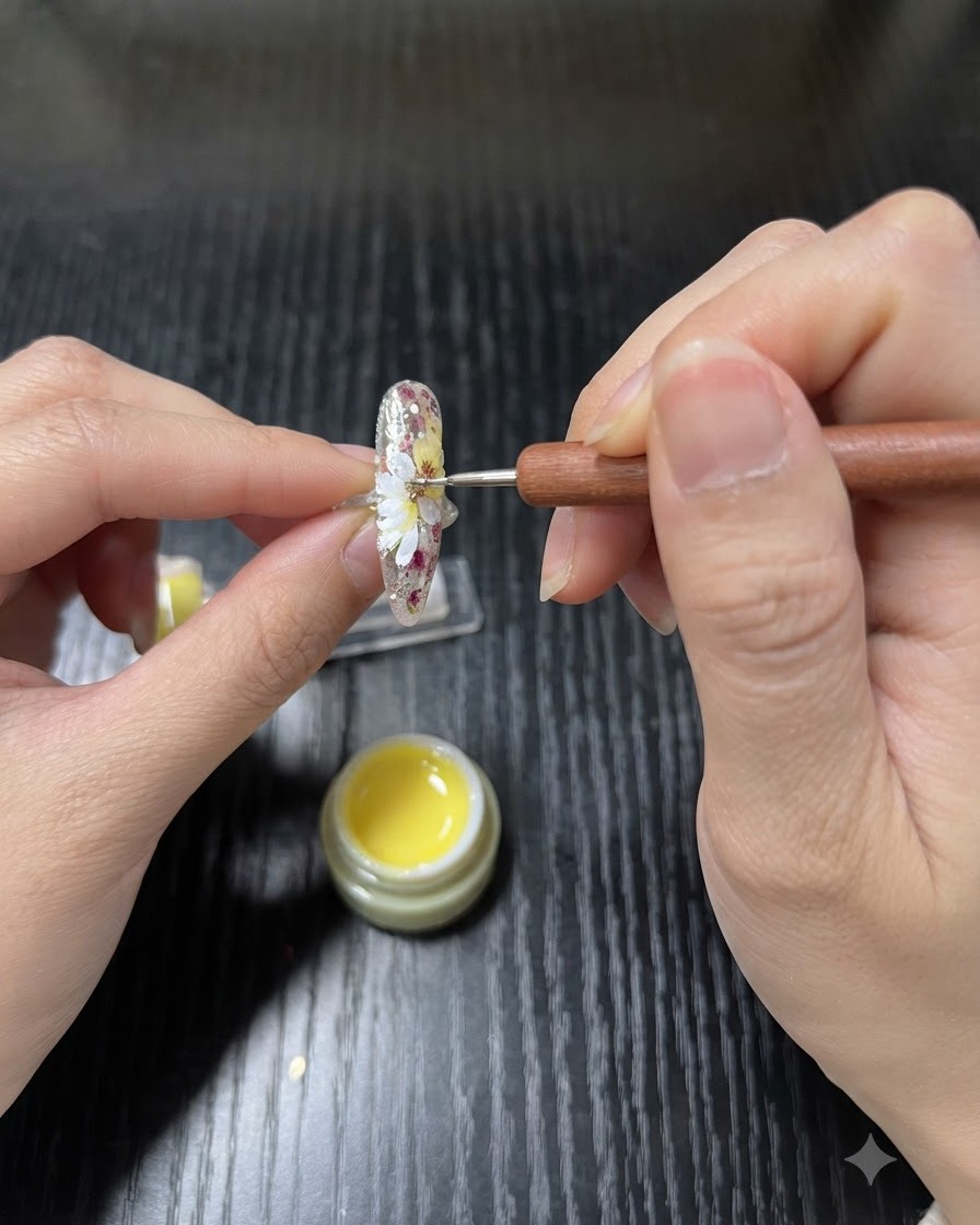 Una herramienta punteadora aplicando gel amarillo limón en el centro de los pétalos de margarita blancos en una uña.