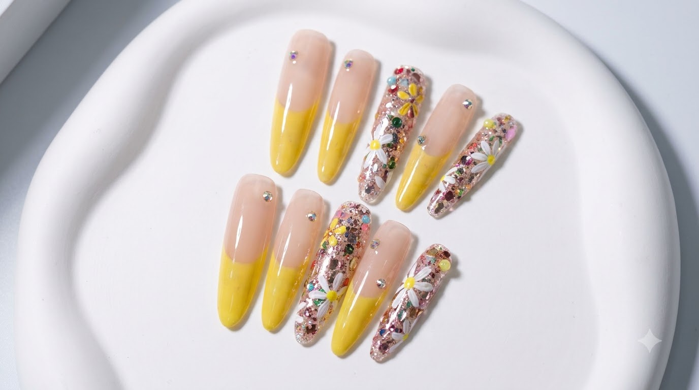 Uñas de Gel con Margaritas Primaverales y Punta Francesa Amarilla — Tutorial Paso a Paso
