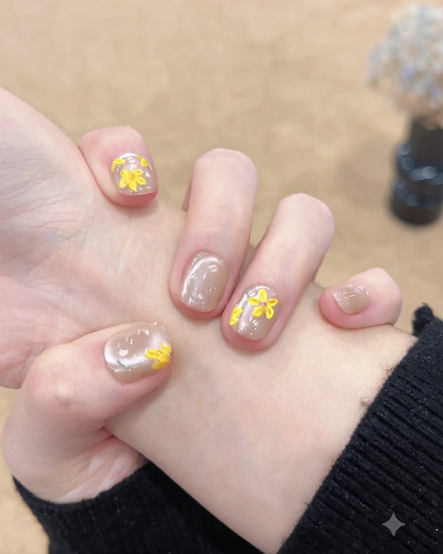 Vista en ángulo del pulgar y el dedo índice que muestran un diseño de uñas coordinado con brillo y flores.