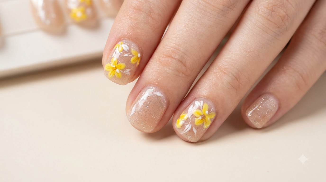 Diseño de Uñas Cortas con Flores Amarillas — Tutorial Paso a Paso