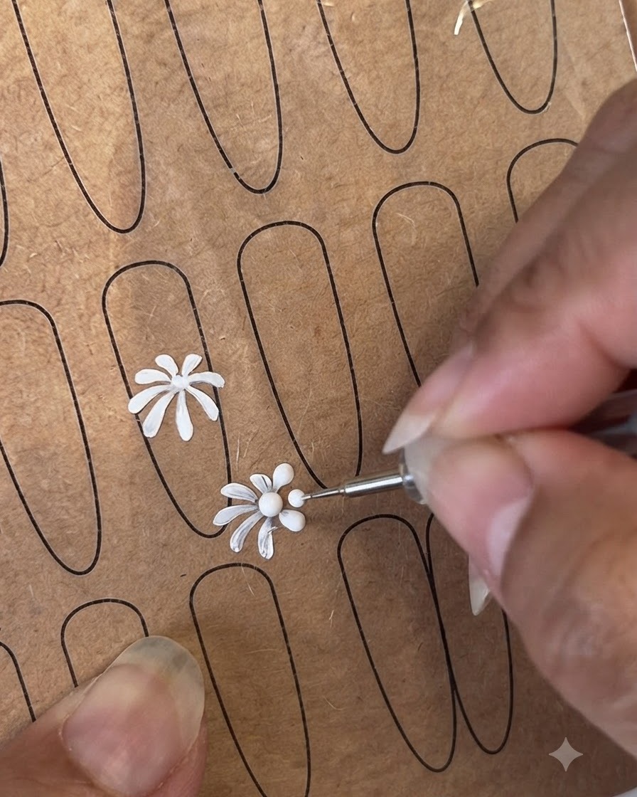 Una herramienta de punteado y un pincel delineador fino creando centros de flores y pétalos en una plantilla de práctica.
