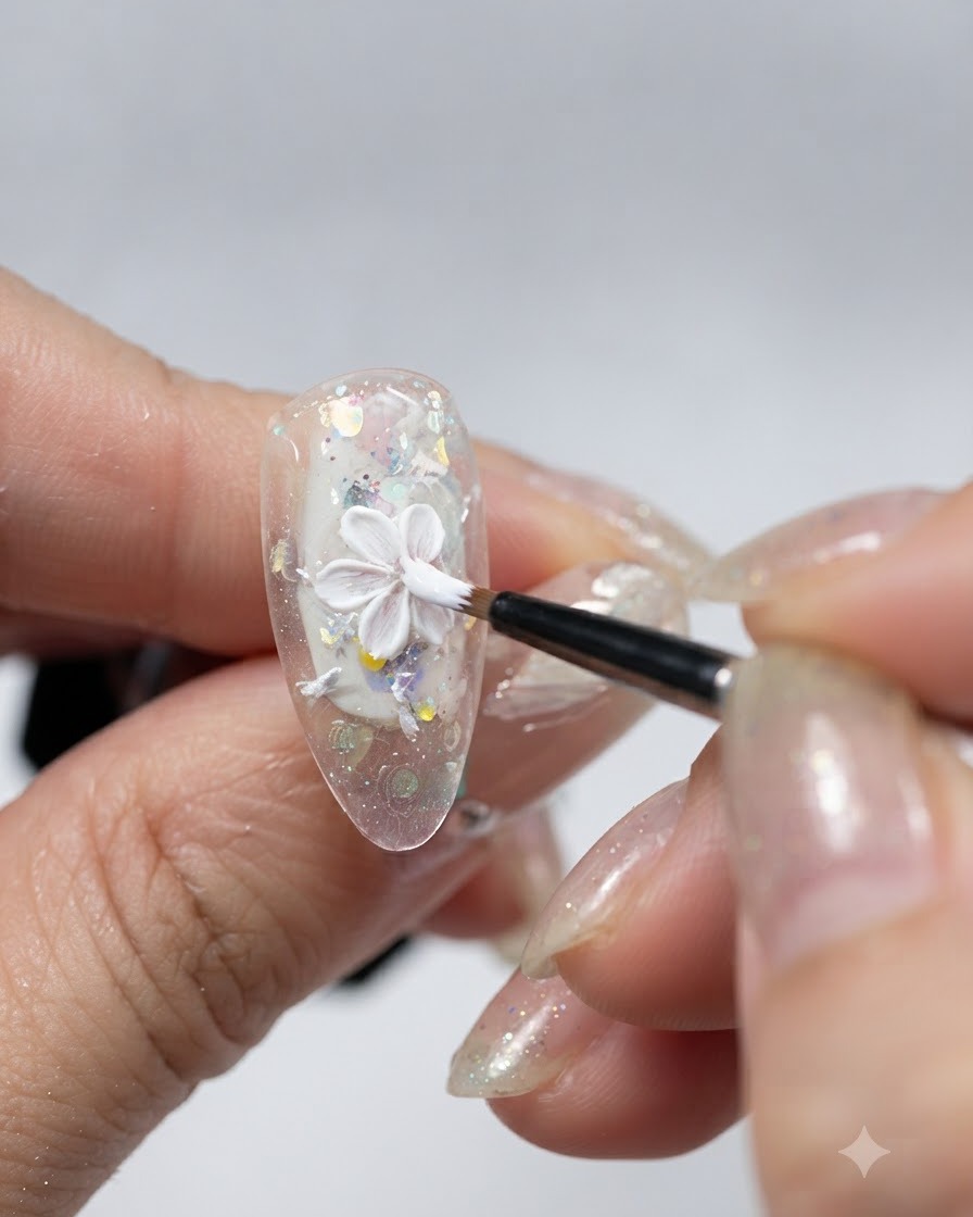 Un pincel fino pintando un pétalo detallado de flor de yeso 3D blanco en la punta de una uña transparente brillante.