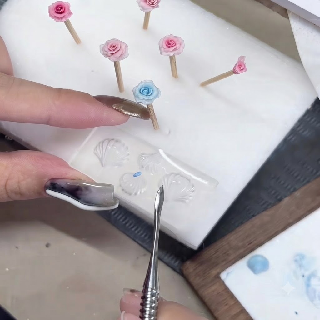Una herramienta de esculpido de metal presionando diminutas perlas de gel azul planas sobre un molde de silicona transparente.