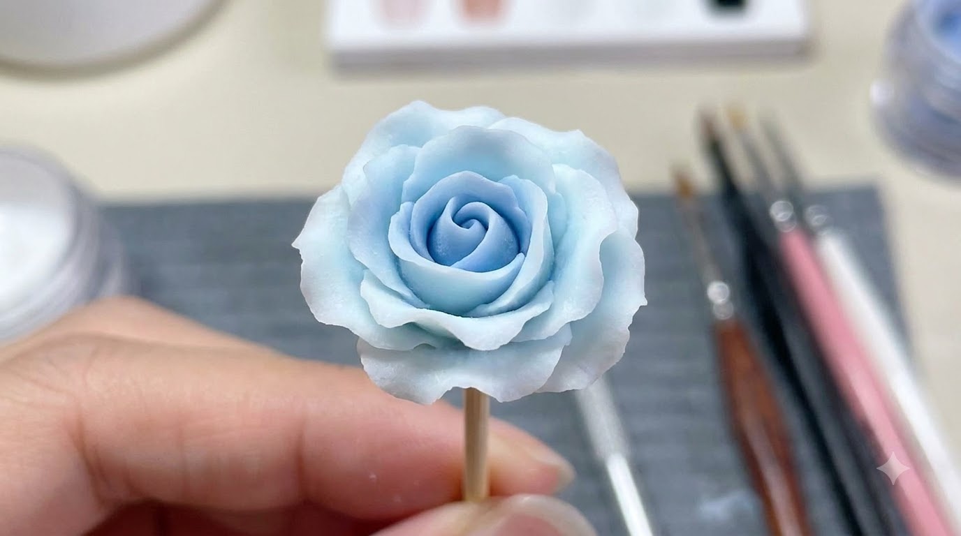 Arte de Uñas de Rosa Azul Degradada Esculpida en 3D — Tutorial Paso a Paso