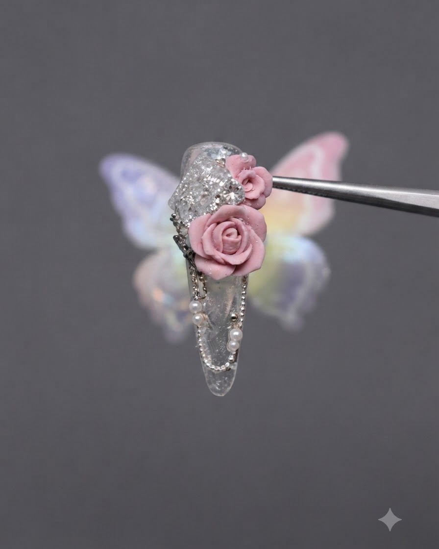 Primer plano de una uña de práctica transparente donde se aplica una gota de pegamento para pedrería junto a una base brillante usando un aplicador de precisión.