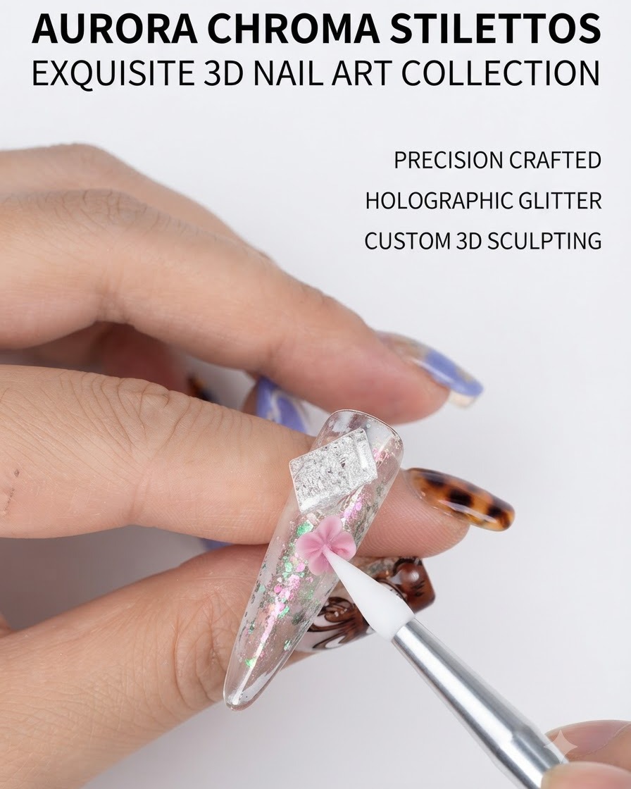 Una mini lámpara UV curando un pétalo rosa recién colocado en una uña de práctica transparente en forma de stiletto.