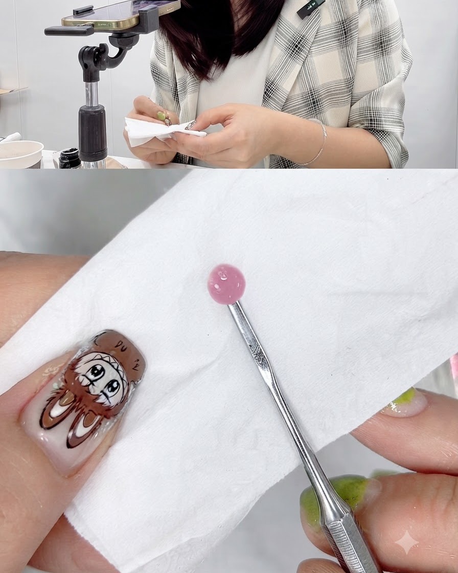 Un trozo de papel absorbente retirando el exceso de líquido de una bola de gel rosa sobre una herramienta.