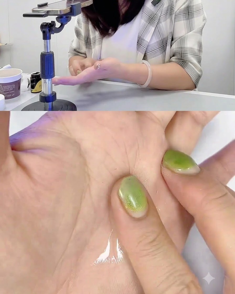 Una mano humedecida con limpiador presionando una nueva bola de gel rosa sobre la mano de trabajo.
