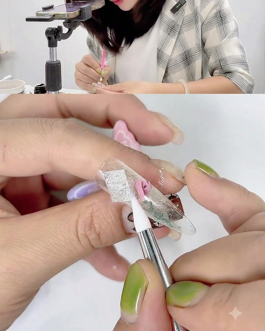 Un pincel de silicona dando forma y tirando hacia atrás los bordes de un pétalo de gel rosa en una uña.