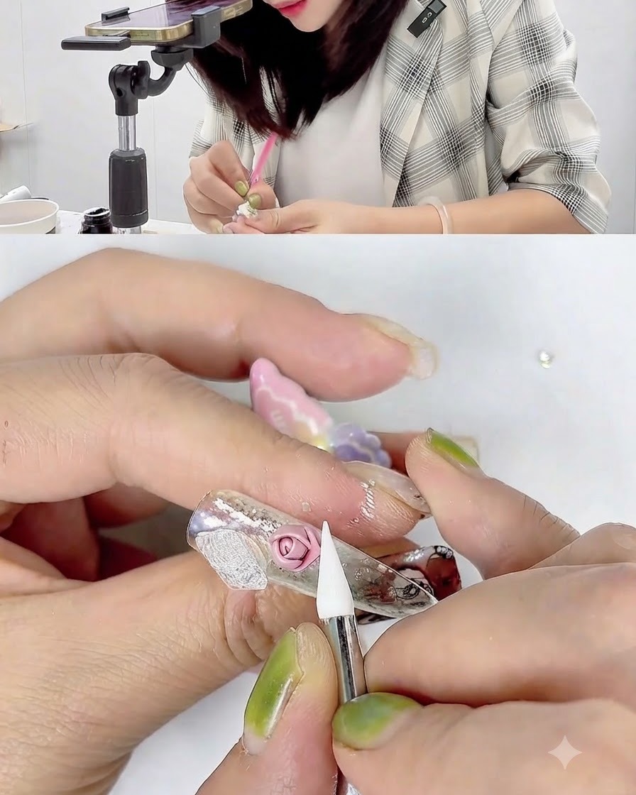 Primer plano de una herramienta de silicona envolviendo y alisando un pétalo de rosa de gel en 3D.
