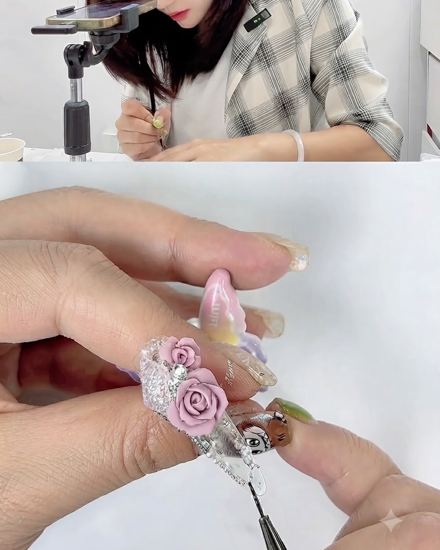 Una uña terminada mostrando dos rosas rosas esculpidas en 3D dispuestas una al lado de la otra con acentos de pedrería.