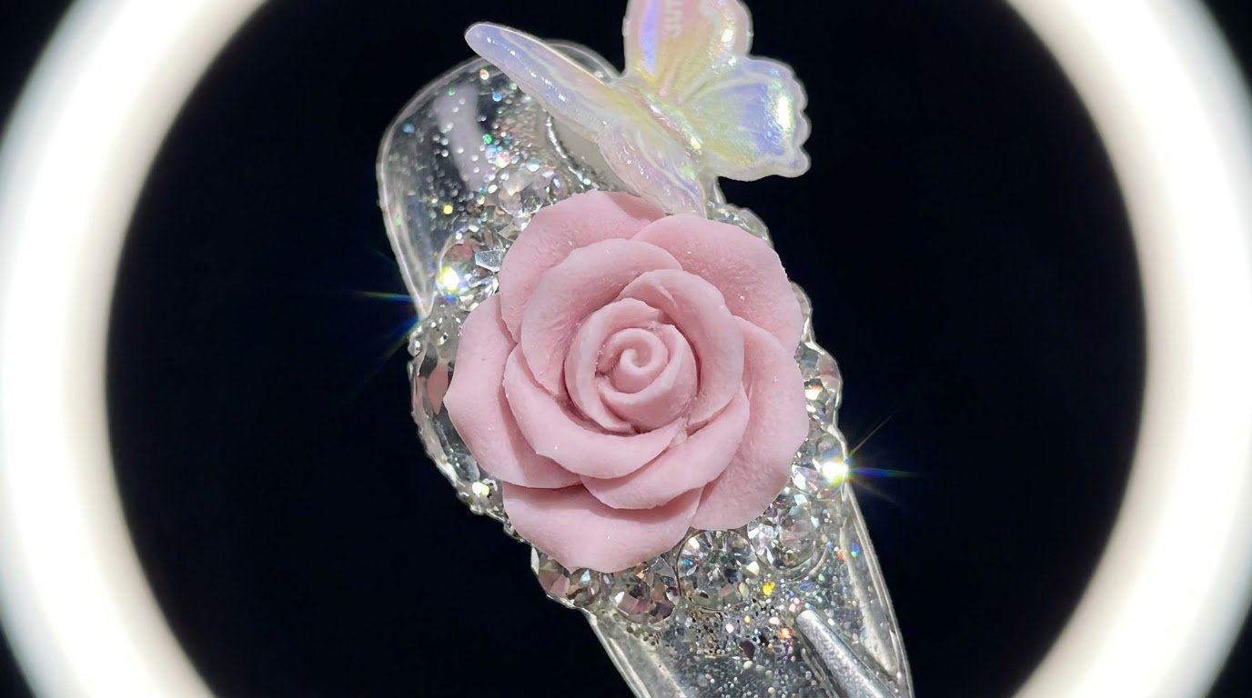 Nail Art de Rosas Esculpidas en 3D con Diamantes — Tutorial Paso a Paso