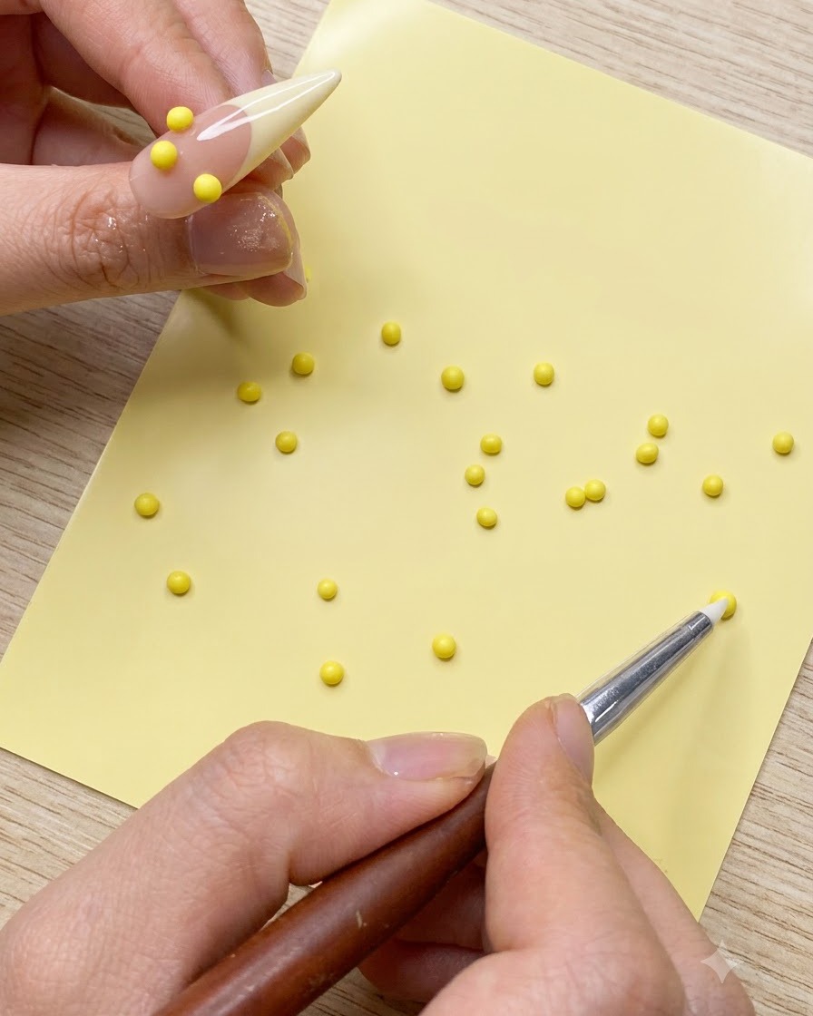 Cinco pequeñas bolas de gel amarillo dispuestas en círculo sobre un tip de uña de práctica.