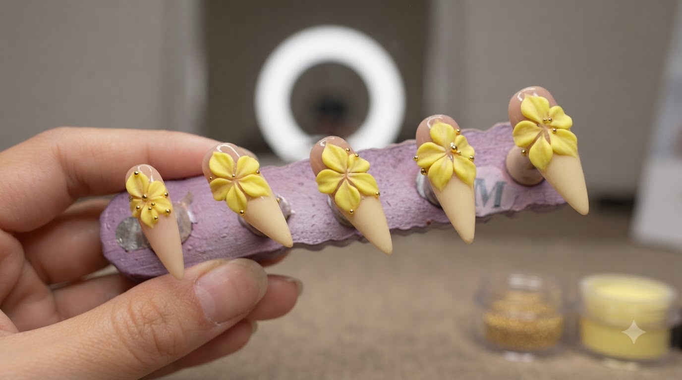 Un soporte de madera morado que exhibe tips de uñas postizas con flores amarillas en 3D y pequeños detalles de cuentas doradas.
