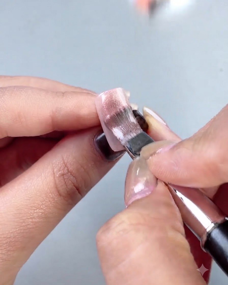 Un pincel esparciendo gel translúcido transparente como el agua de manera uniforme sobre la uña.