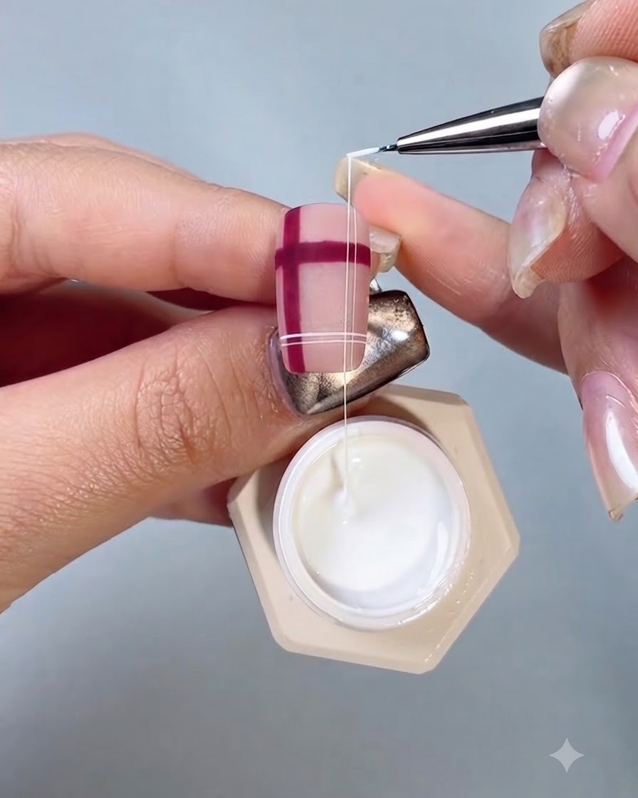 Un pincel fino de nail art dibujando finas líneas blancas con gel de seda sobre un patrón de cuadros rojos en una uña.