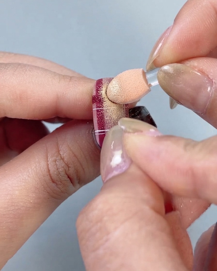 Un aplicador de esponja para sombras de ojos aplicando suavemente polvo metálico dorado claro sobre una uña a cuadros rojos y blancos.