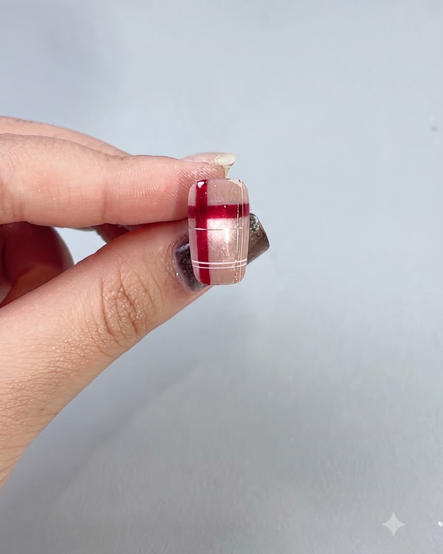 Un diseño de uñas a cuadros terminado sostenido contra un fondo claro, mostrando una superficie brillante y sellada.