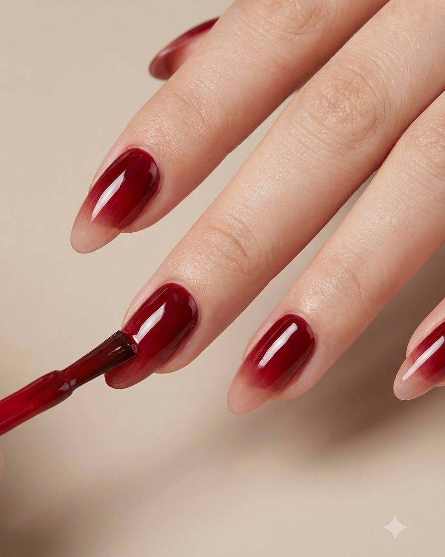 Un pincel delineador fino dando forma con precisión al borde curvo del gel rojo en una uña.