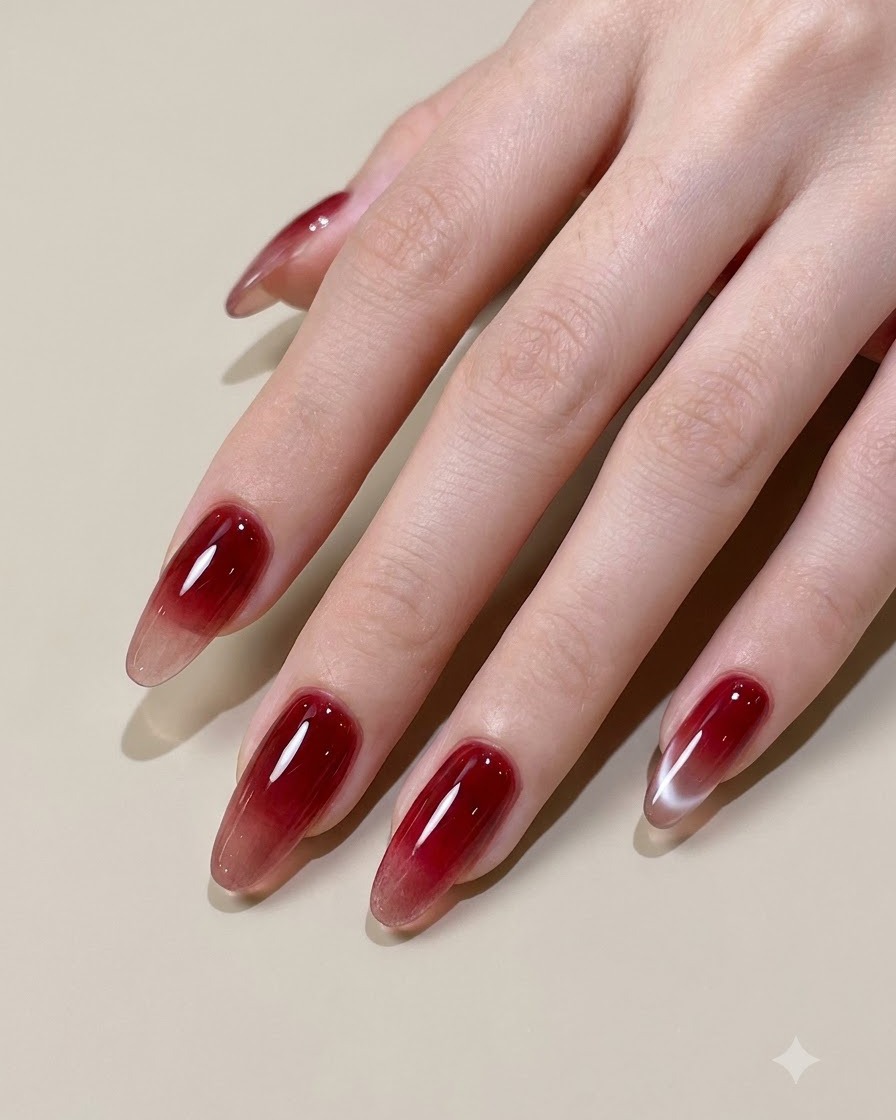Un pincel plano para ombré suavizando el borde interno de un degradado de gel rojo en una uña.