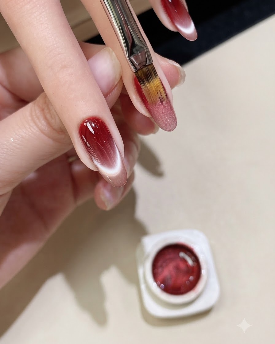 Un pincel plano aplicando gel magnético brillante directamente sobre la uña con degradado rojo.