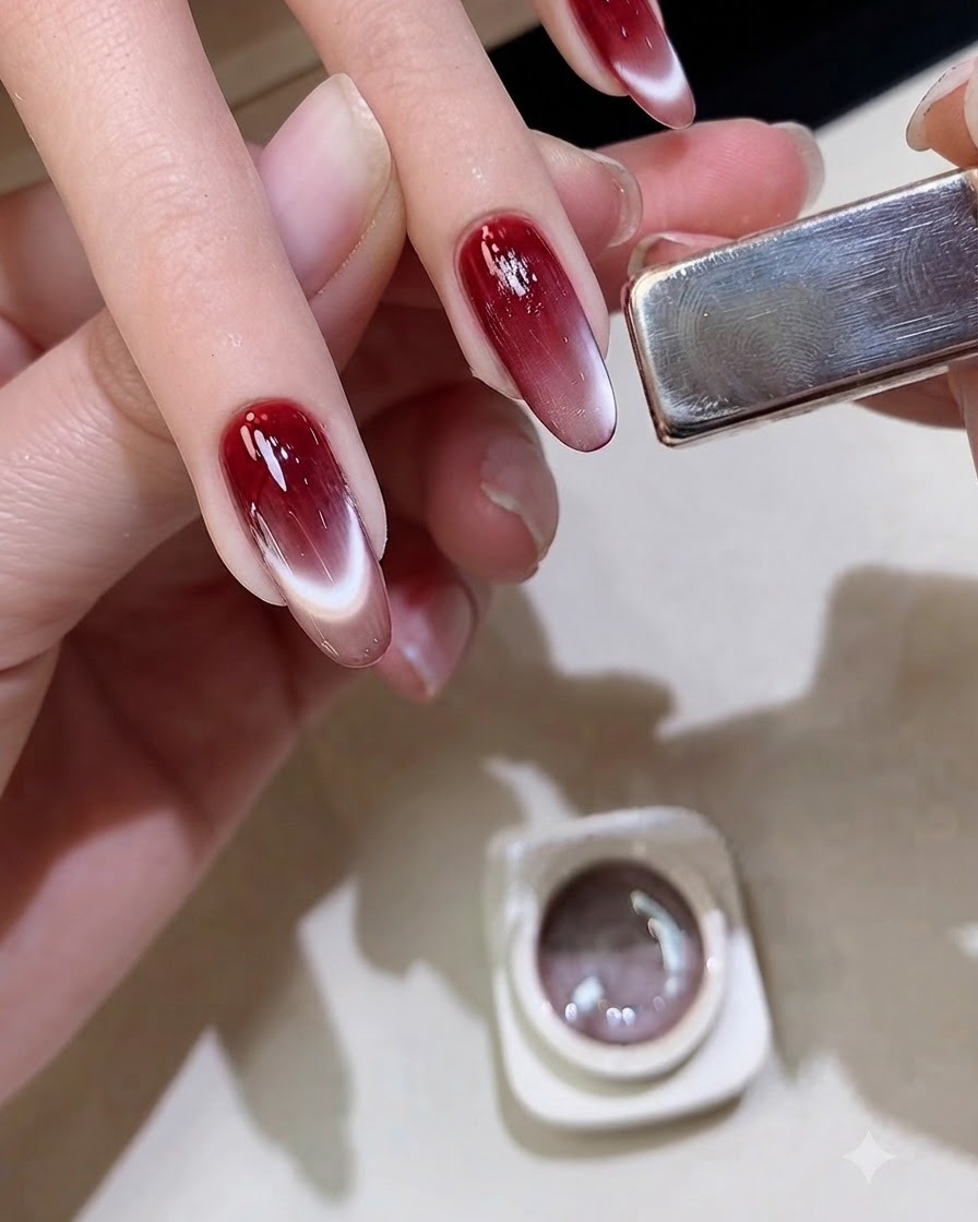 La punta de un pincel plano alisando y nivelando el gel cat eye sobre una uña con degradado rojo.