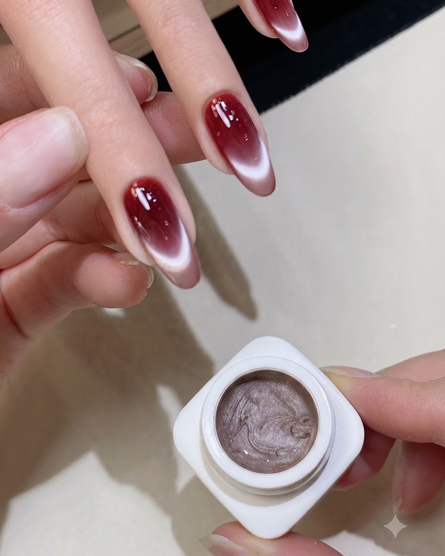 Un pincel aplicando una capa final de top coat transparente sobre unas uñas terminadas con degradado rojo y cat eye.