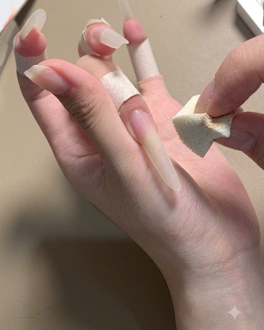Una mano sosteniendo una pequeña esponja cerca de una uña stiletto larga envuelta con cinta protectora.