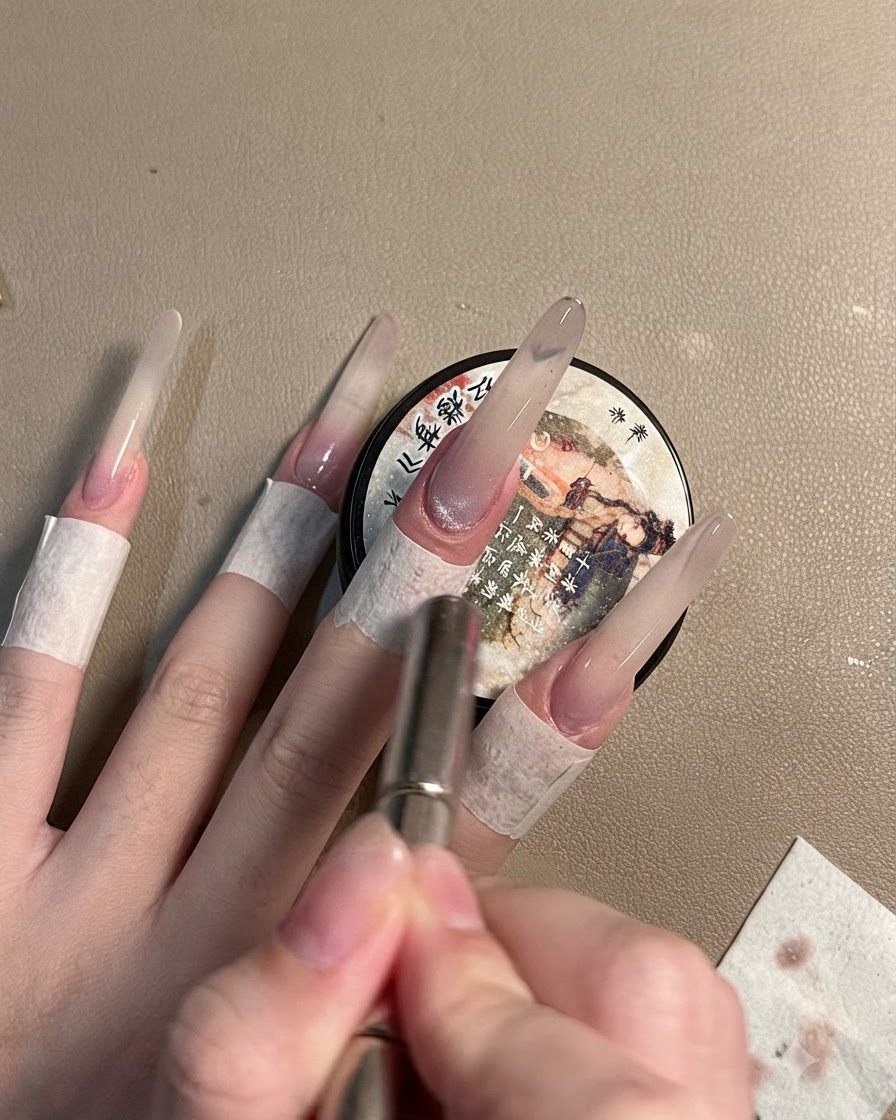 Una mano usando una varita imantada sobre un gel brillante de ojo de gato gris aplicado en una uña stiletto larga.