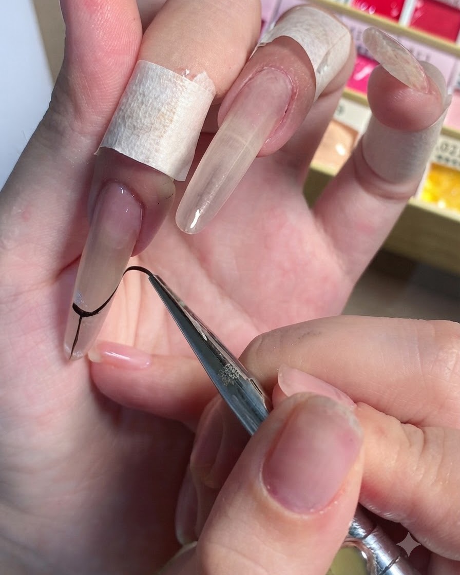 Un pincel delineador fino dibujando un contorno de línea de sonrisa francesa negra curva en una uña stiletto larga.