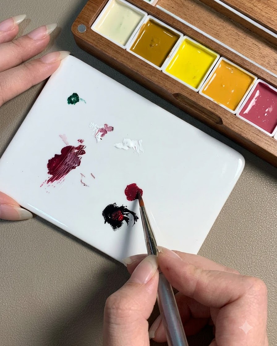 Un pincel tocando una gota de gel negro cerca de una gota de gel rojo en una paleta blanca para combinarlos.