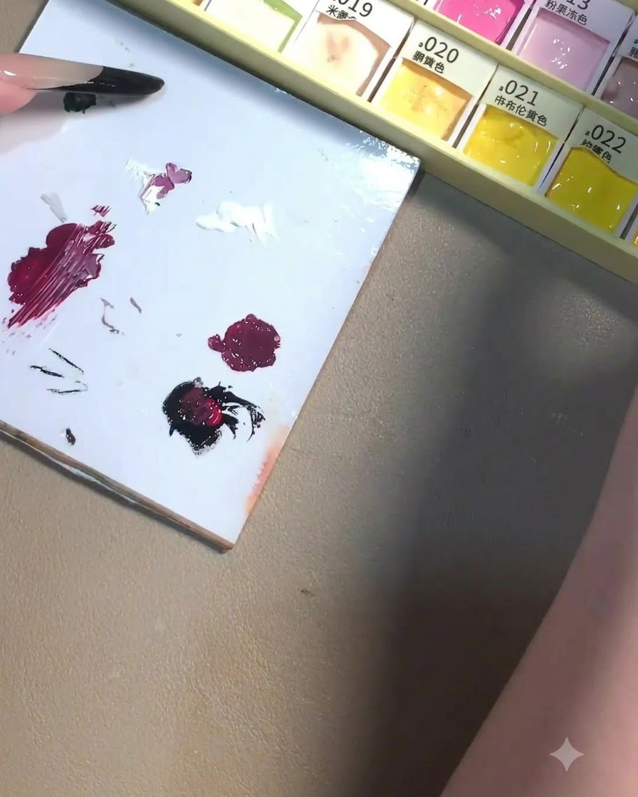 Una muestra completamente mezclada de gel color ciruela oscuro reposando en una paleta de mezcla blanca junto con otras gotas de gel.