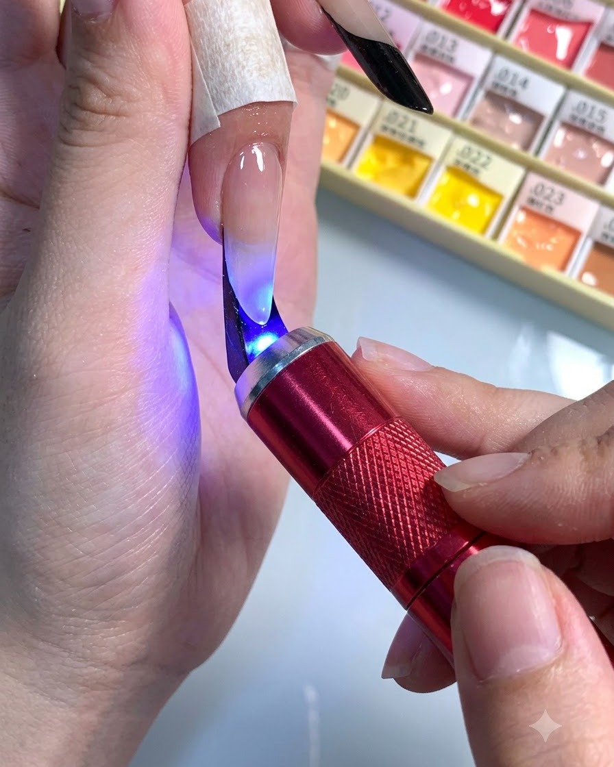 Una lámpara de linterna UV rosa portátil curando el arte en gel en la uña de un dedo stiletto.