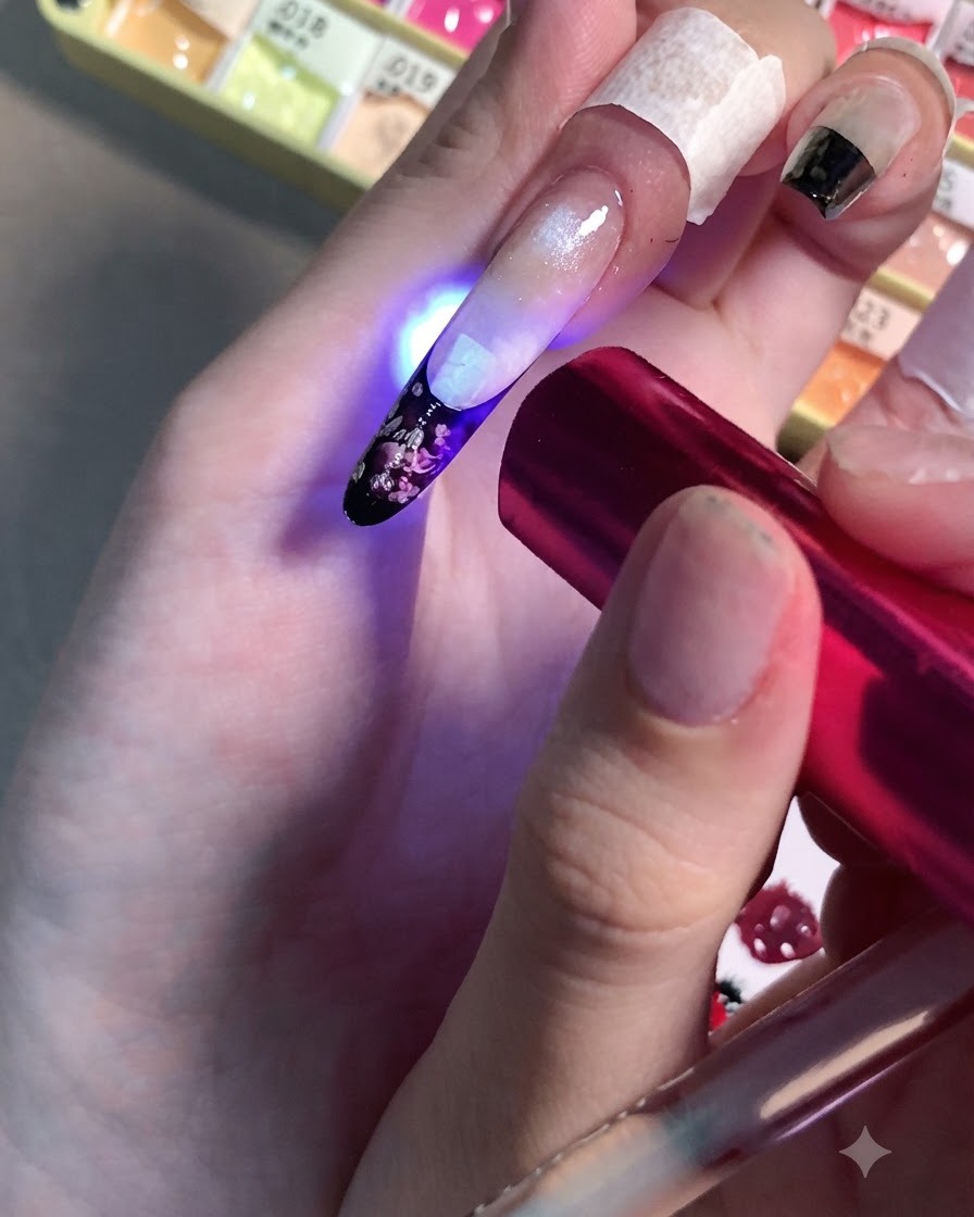 Una mano sosteniendo una mini lámpara LED roja sobre una uña para curar los detalles florales en rosa claro recién pintados.