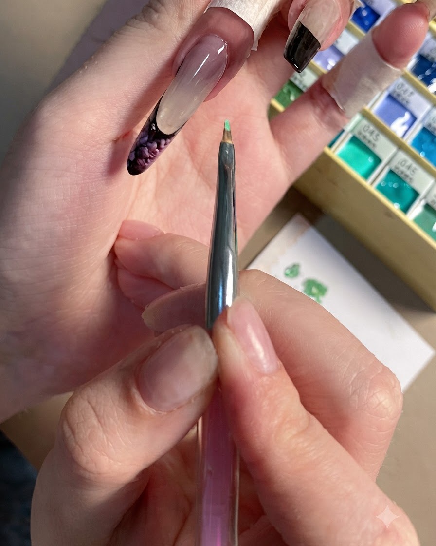 Un primer plano de un pincel delineador fino con pintura de gel verde, posicionado sobre una uña con rosas en tono ciruela terminadas.