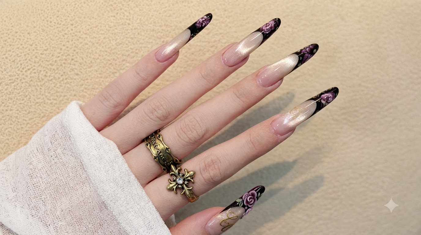 Uñas Stiletto con Flores Oscuras, Punta Francesa Negra y Efecto Ojo de Gato