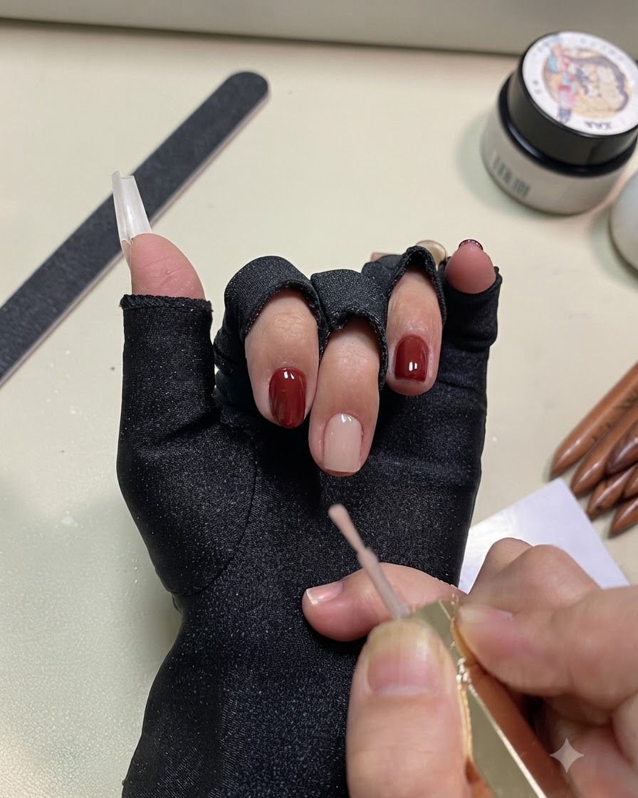 Primer plano de un pincel aplicando esmalte en gel de color nude sobre la uña.