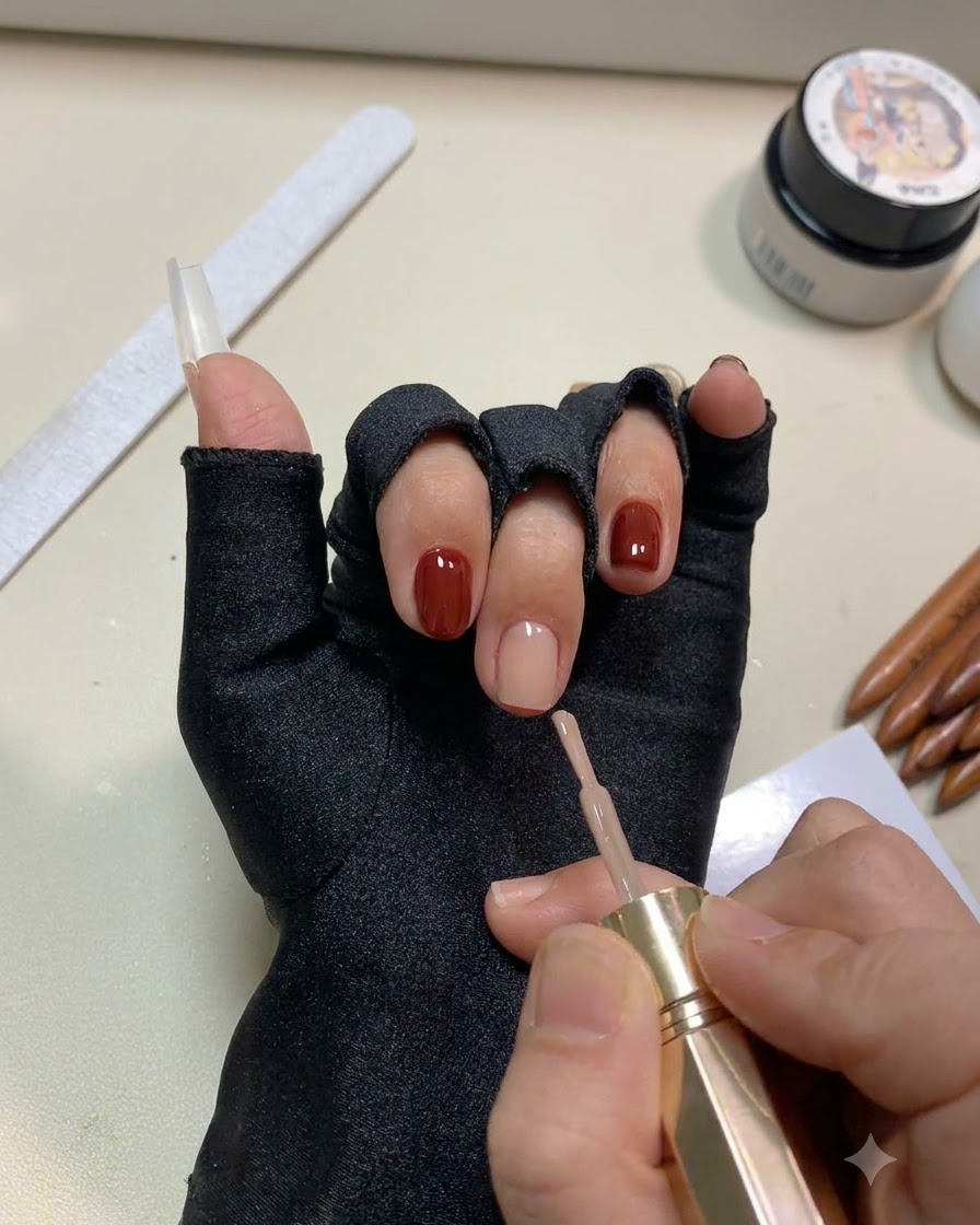 Una mano descansando dentro de una lámpara UV para uñas curando la base nude bajo la luz.
