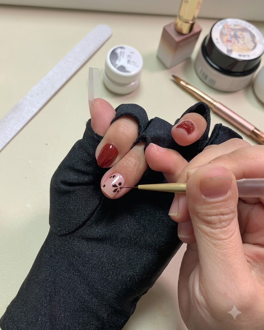 Un pincel liner fino arrastrando líneas desde los puntos negros para crear formas de hojas puntiagudas en la uña.