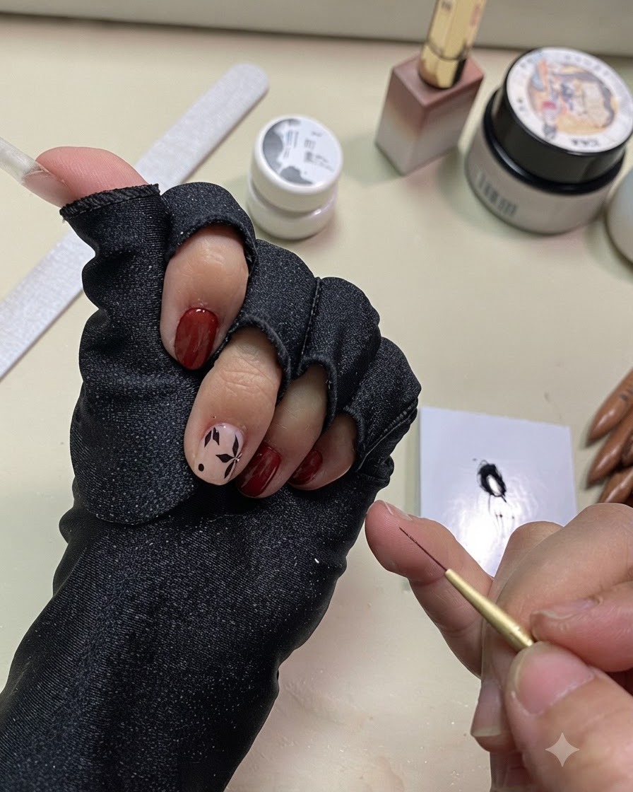 Primer plano de la mano sosteniendo un pincel liner con el nail art de hojas negras curado en la uña.
