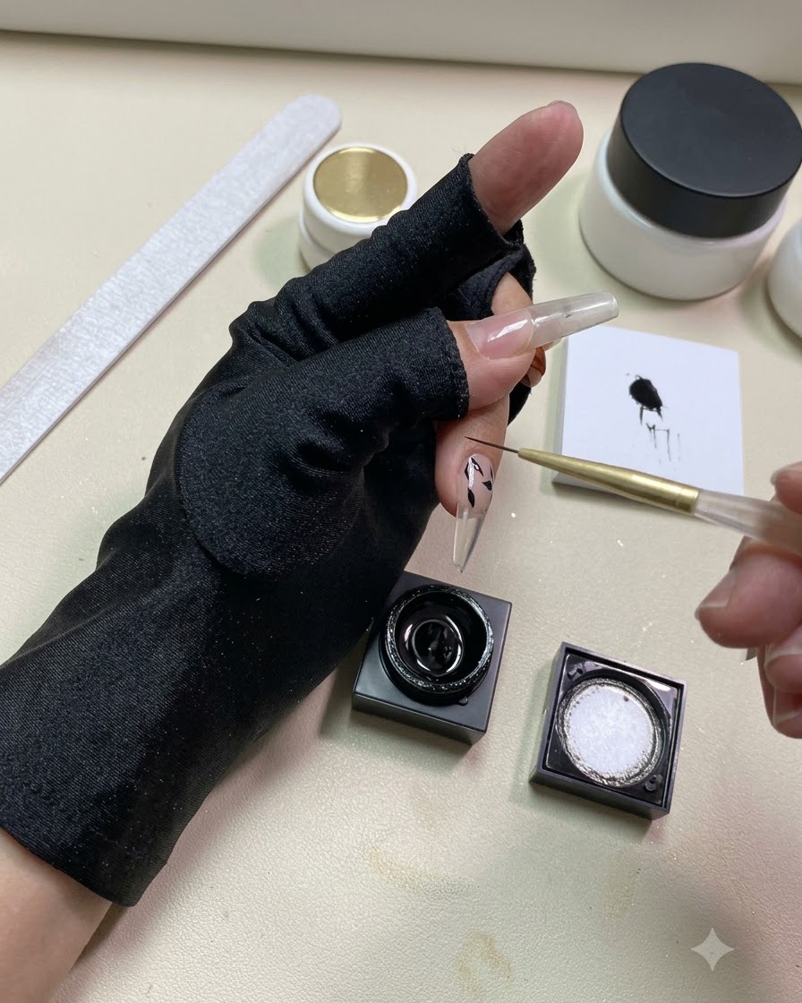 Primer plano de un pincel liner sumergiéndose en gel negro de trazo junto a una uña con diseños de hojas pintadas.