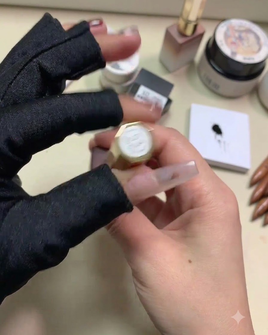 Una mano sosteniendo el frasco del esmalte en gel Nail Love set de 60 colores, tono 53 rojo burdeos.