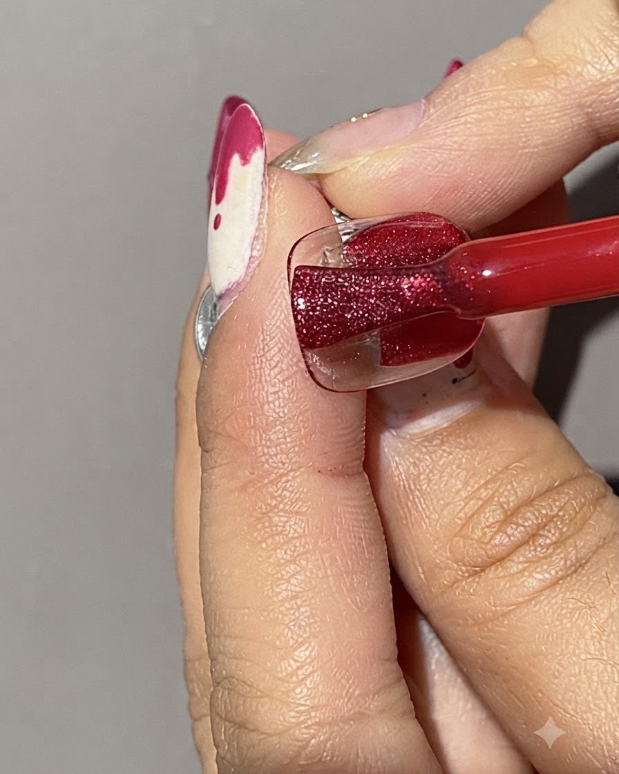 Un primer plano de un pincel aplicando esmalte en gel rojo brillante de ojo de gato sobre una punta de uña transparente.