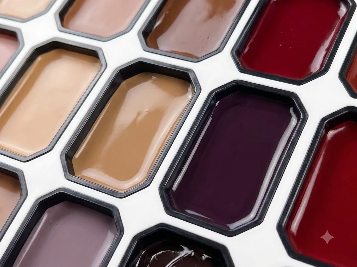 Una paleta de múltiples cavidades que muestra diferentes colores de gel, incluido un tono rojo intenso.