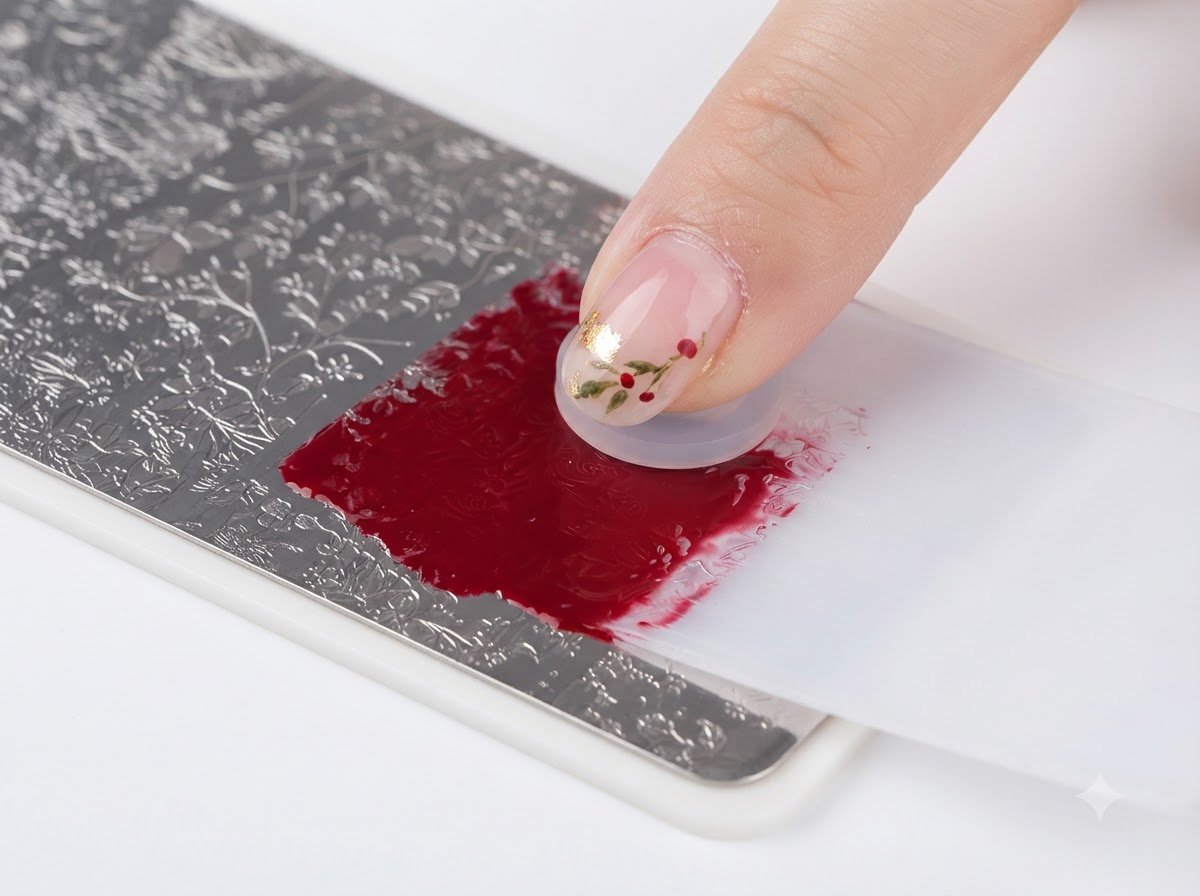 Una tarjeta rasqueta de plástico limpiando el exceso de gel rojo de una placa de metal para estampado.