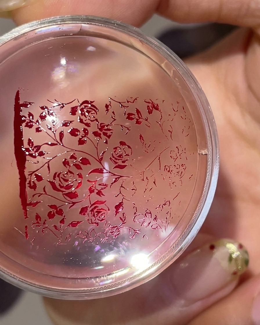 Un cabezal de sello de silicona transparente que muestra un patrón floral rojo transferido listo para aplicarse en una uña.