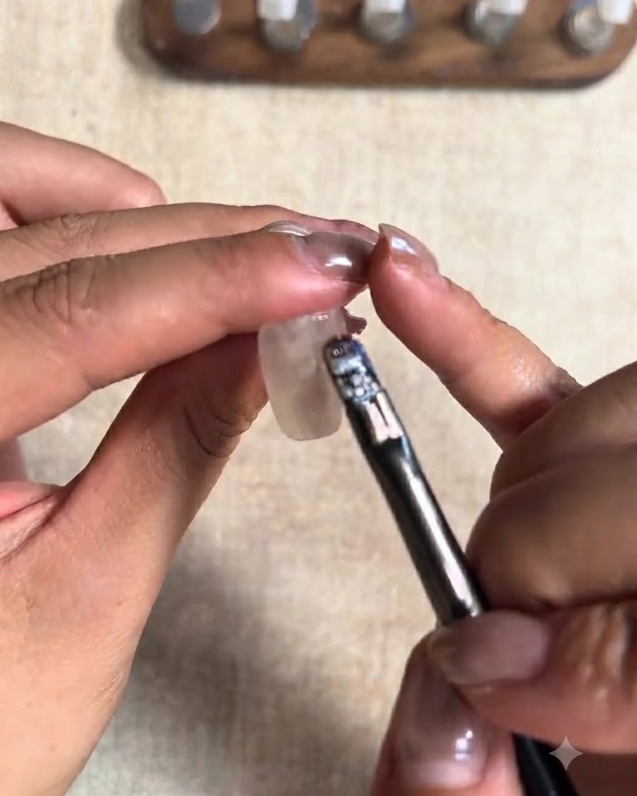 Una mano usando un pequeño imán cilíndrico para dar forma a las partículas magnéticas del ojo de gato en la uña del pulgar.